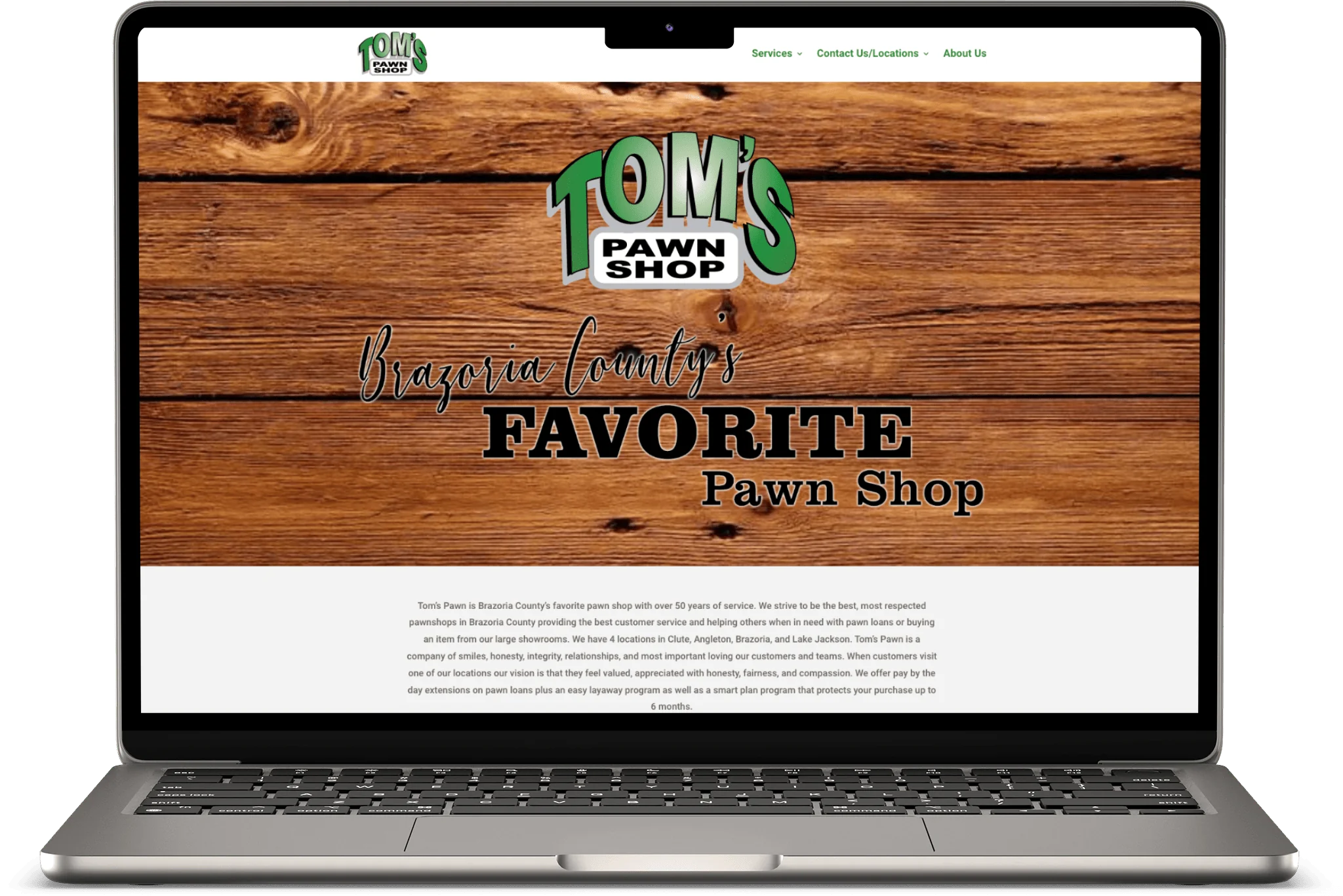 Tom's Sport Shop - A laptop with important SEO keywords on it.